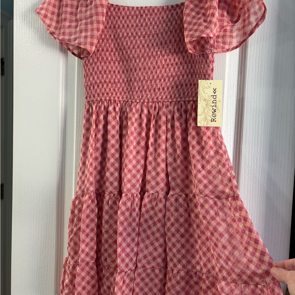 Women’s boho pink red plaid pattern dress Size S made by Rewind, BNWT - Picture 2 of 6